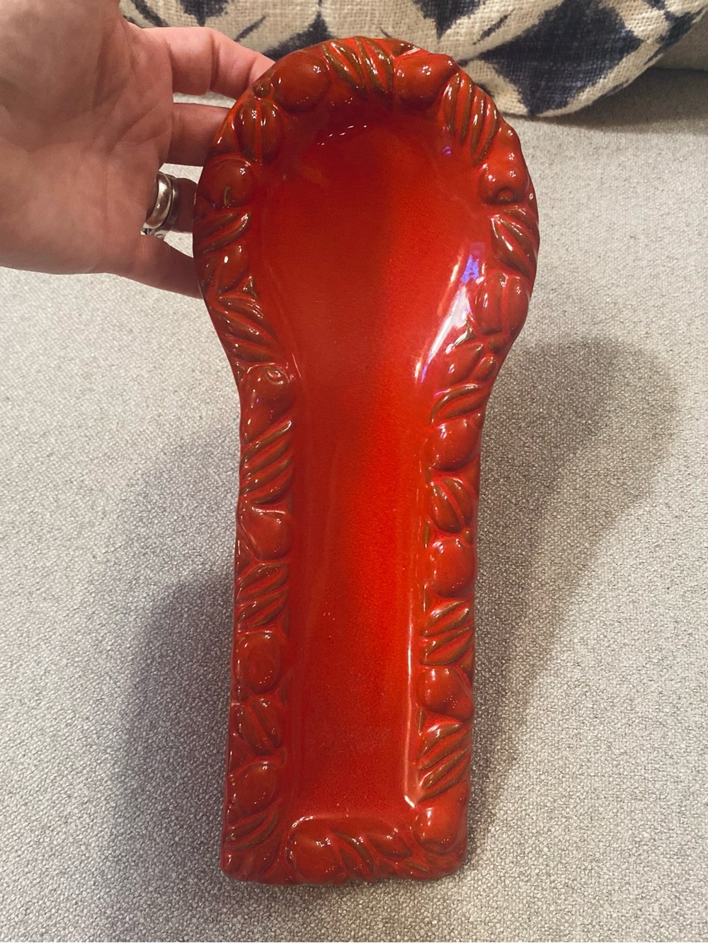 VTG 80s Mamma Ro Italian Red Relief Design Stoneware Large Spoon Ladle Rest 12”